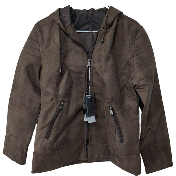 NWT F Collection Ferrari Vegan Leather Brown Hooded Bomber Jacket Wmns SzL T101 - Picture 1 of 9